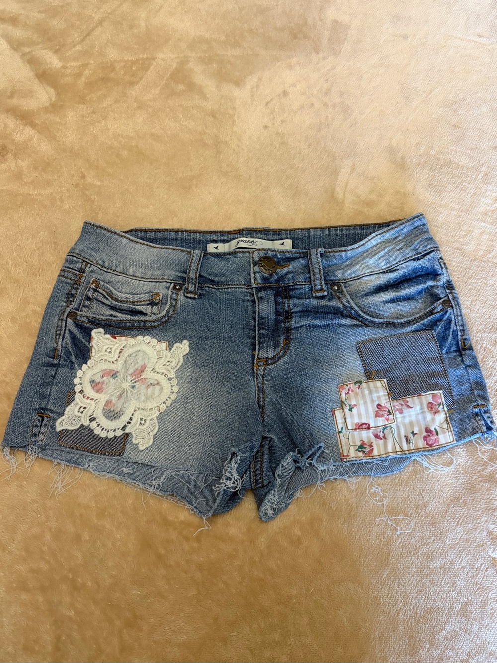 Grane Blue Distressed Denim Shorts with Patchwork Lace and Floral Panels
